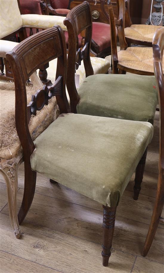 A pair of inlaid dining chairs, a Victorian upholstered walnut framed armchair and two French chairs